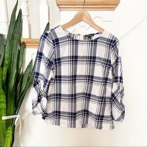 J. Crew Mercantile Blue and White Plaid Flannel Bell-Sleeve Top Size 2